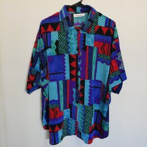 Snug Harbor Women's Vintage Multicolor Geometric Short Sleeve Button Up